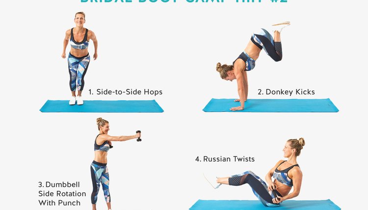 Side-to-side hops Donkey kicks Dumbbell side rotation with punch Russian twists
