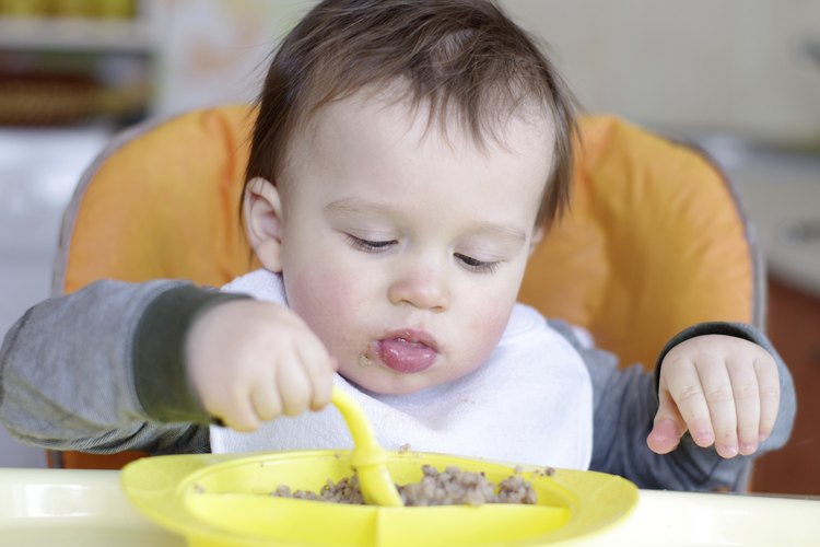 Bebé comiendo puré de alimentos en un plato pequeño.