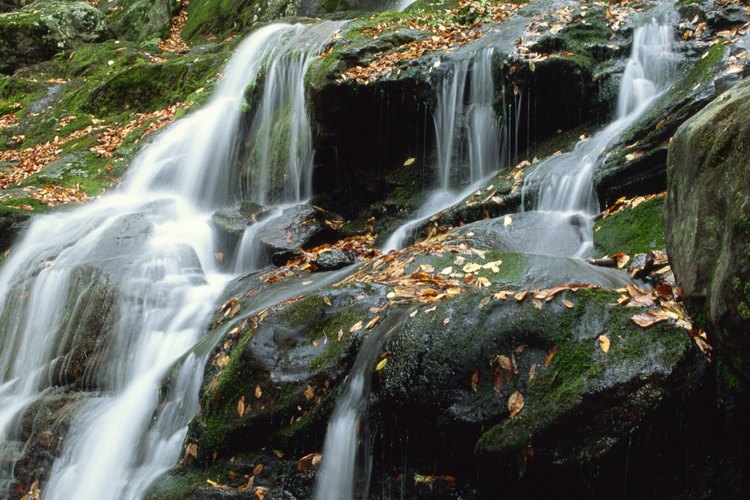 El agua cae sobre las rocas en el sendero Dark Hollow Falls en Shenandoah National Park.