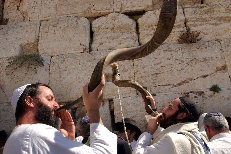 Judíos en el Muro Occidental en Jerusalén, el lugar más sagrado para el judaísmo, tocan shofares de cuerno de antílope.