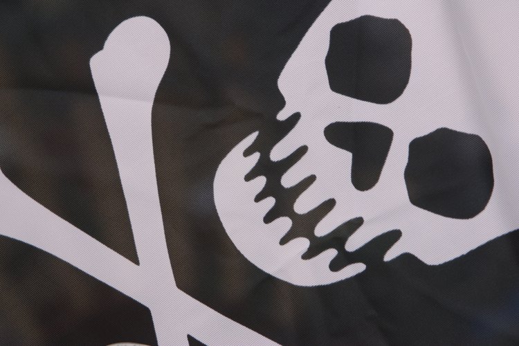 La bandera pirata posee una calavera sobre un fondo negro o rojo y dos huesos cruzados por debajo.
