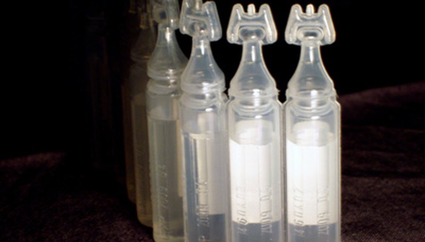 Saline solution packaed in small vials are used to dilute medication.
