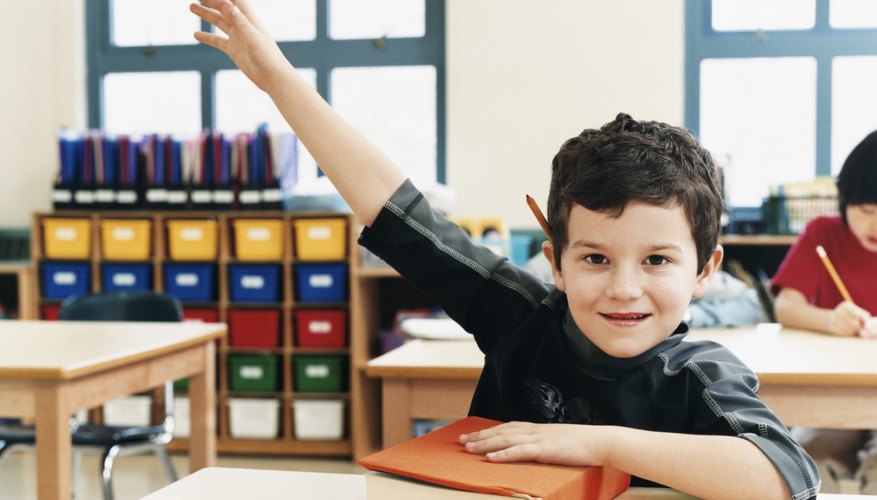 Young student raising his hand in classroom.