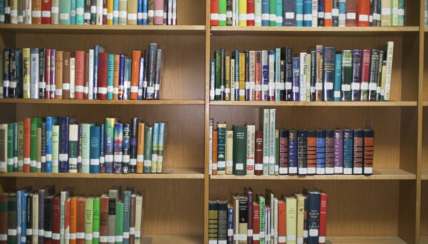Library books resting on shelf in library