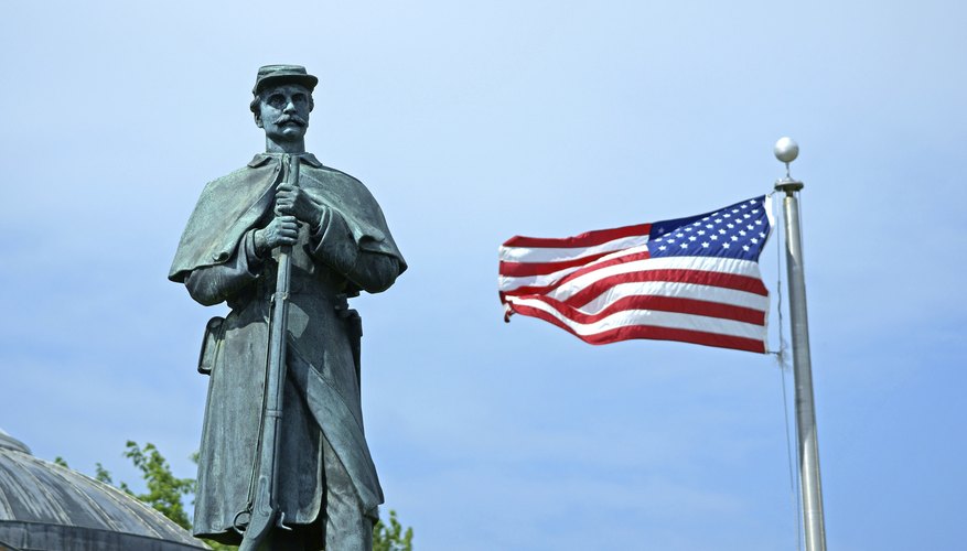 Civil War monument beside an American flag.