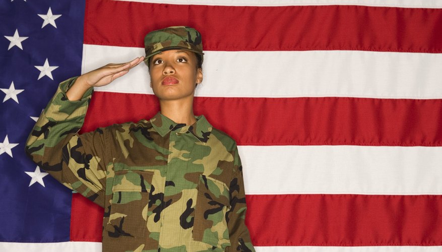 Army woman saluting in front of flag.