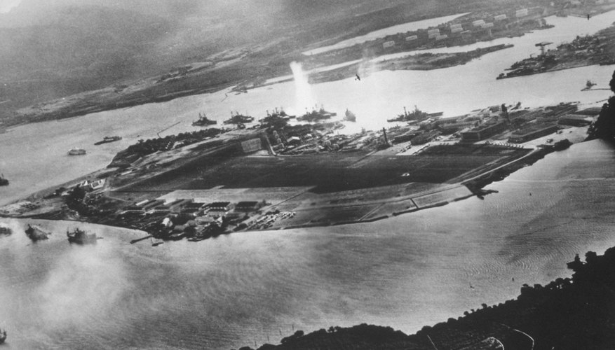 Aerial view of Japanese attack on Pearl Harbor taken from Japanese plane; Dec. 7, 1941