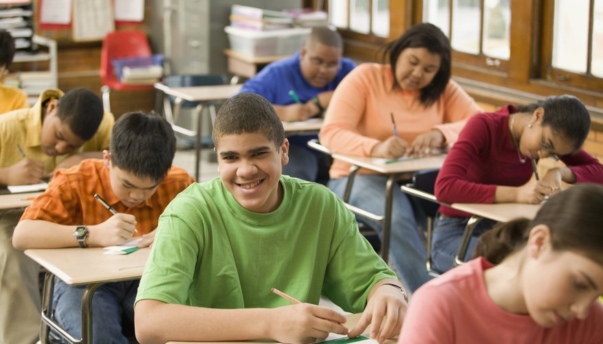 Students working at desks in classroom