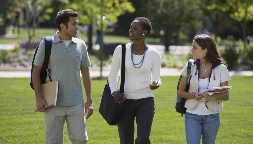 Students talking to professor as they walk on college campus.