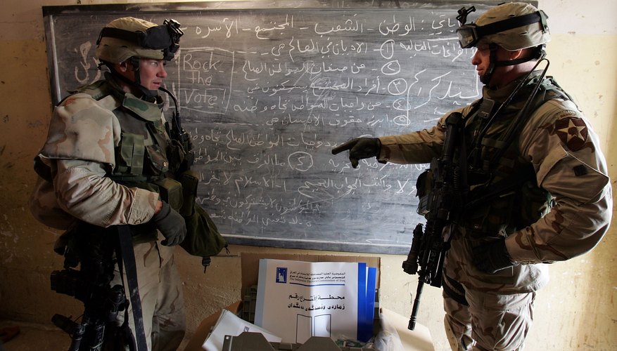U.S Army Captain and Lieutenant Colonel discuss mission details in make-shift office.