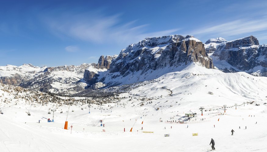 Panoramic view of Val Di Fassa ski resort in northern Italy.