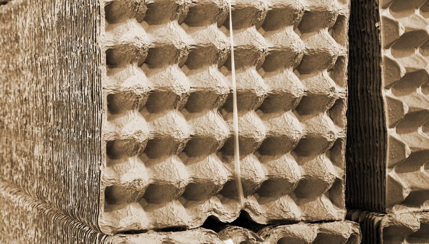 Egg cartons that have been produced from recycled paper in a facility.