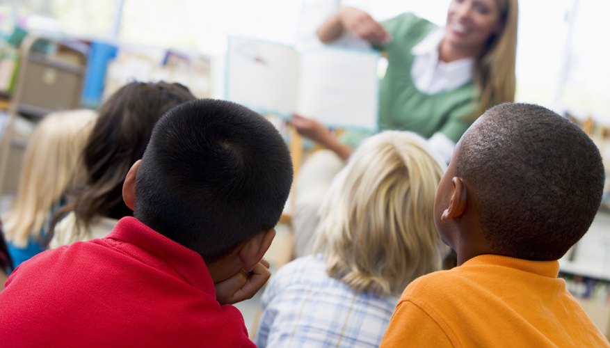 Teacher reads to class in library