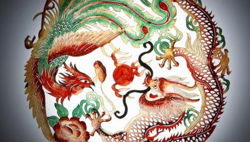 Feng Huang, the Chinese version of the phoenix, is depicted here paired with a dragon.