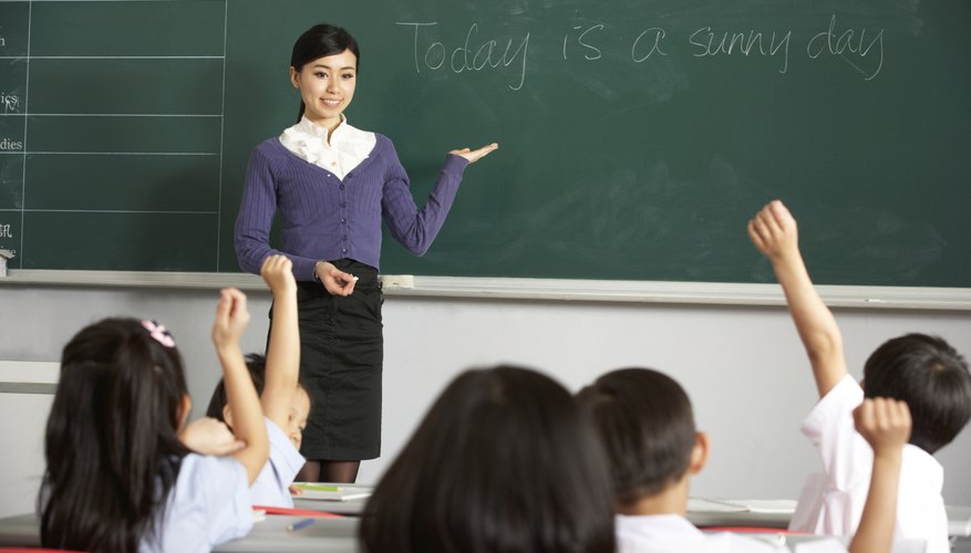 Student raising hand to answer teacher's question.