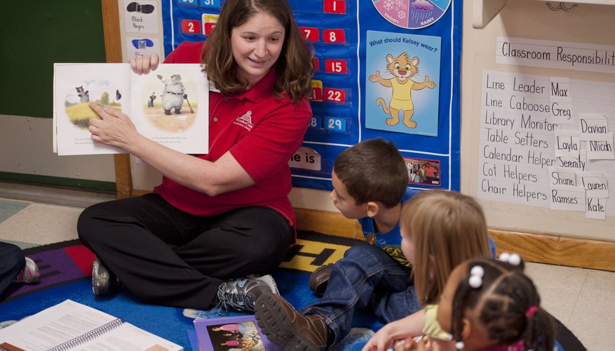 A teacher reading a story to preschoolers in a classroom.