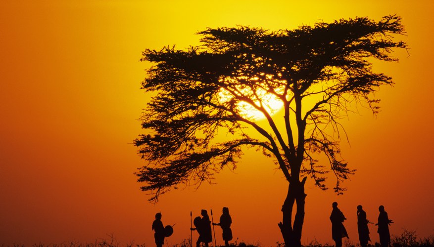 Tribesmen stand in an African sunset.