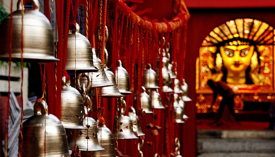 Bells hang in a Hindu temple.