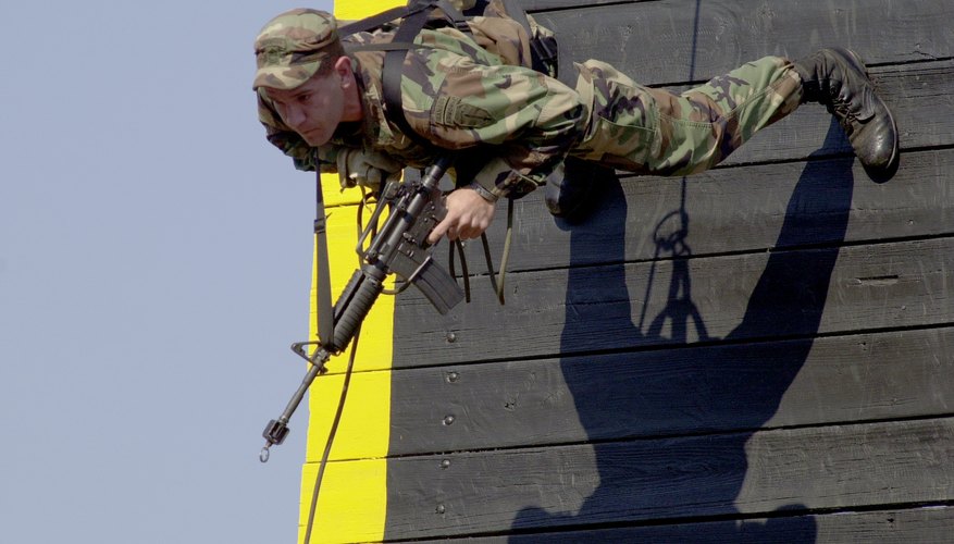 U.S. Army Ranger rappels down tower