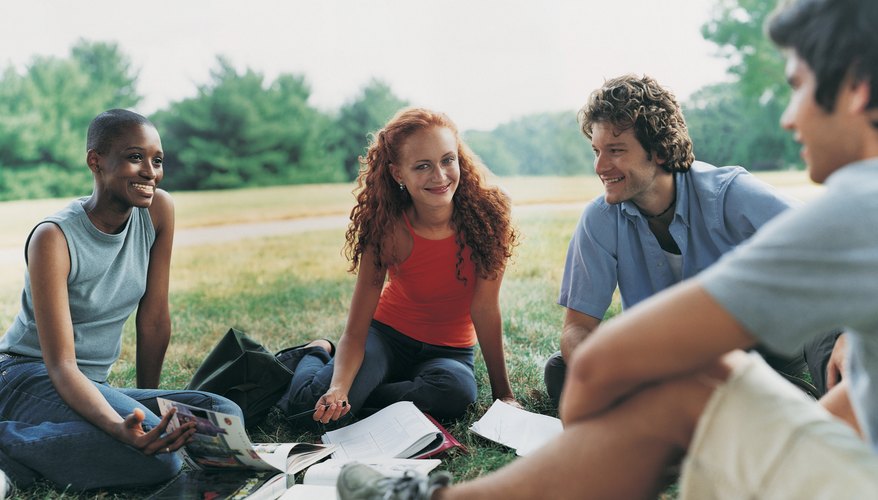 Students talking to each other on green field