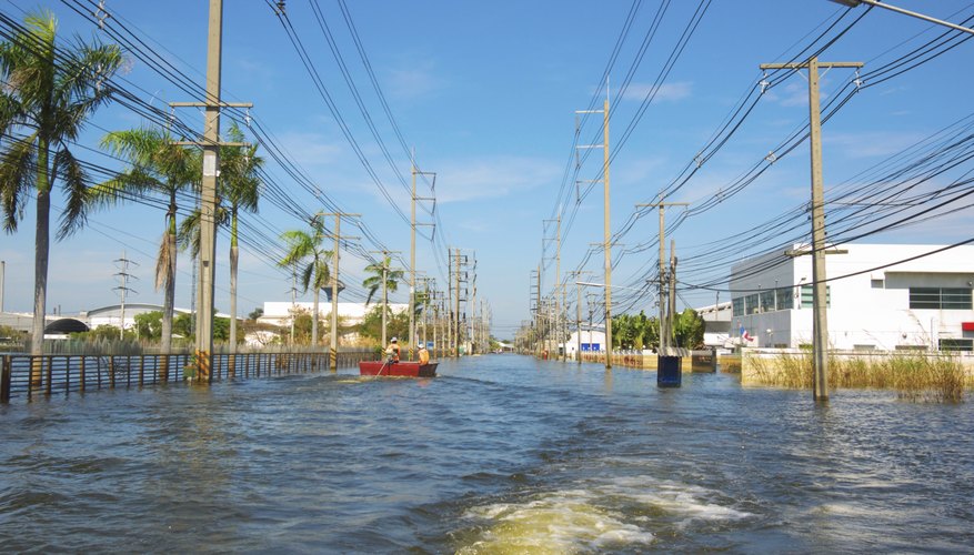 A flooded town street.