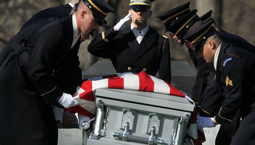 The flag code does require that the flag never touch the ground, so the flag should drape a casket only when it is being viewed.