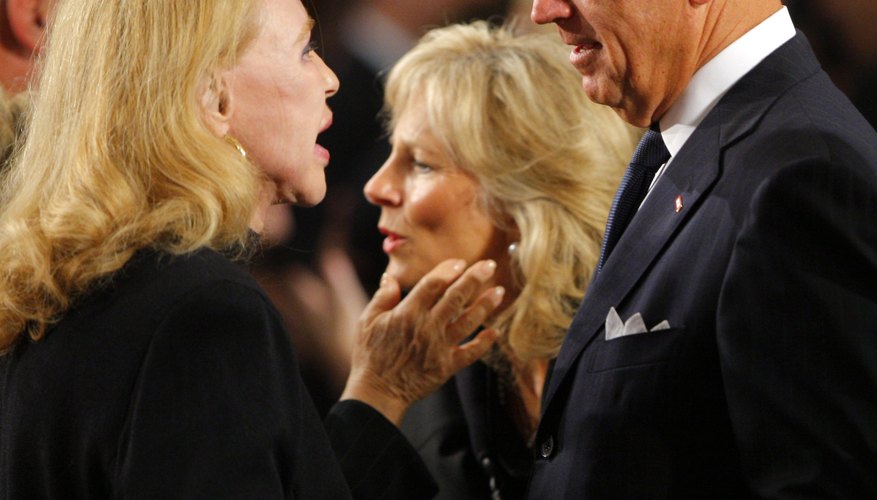 Vice President Biden chats with Sen. Edward Kennedy's ex-wife, Joan, during the Mass for the senator in Washington, D.C.