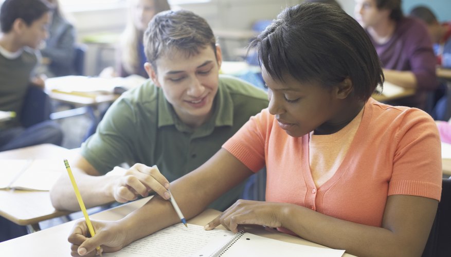Students working together in groups at school.