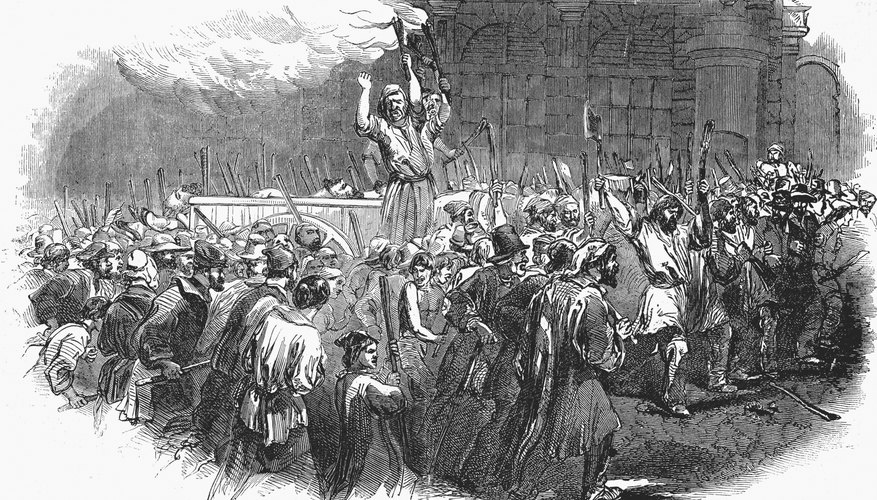 A depiction of a crowd in Paris during the revolution of 1848 in France.