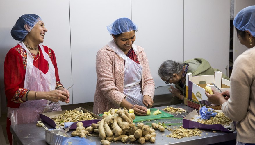 Chefs peeling fresh ginger roots in the kitchen of a Hare Krishna Temple.