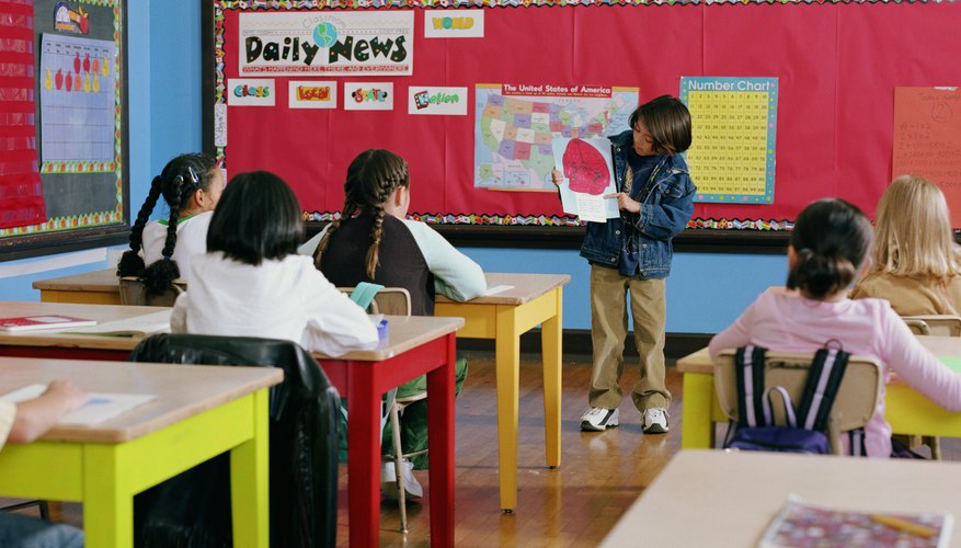 A boy is presenting his poster to the class.
