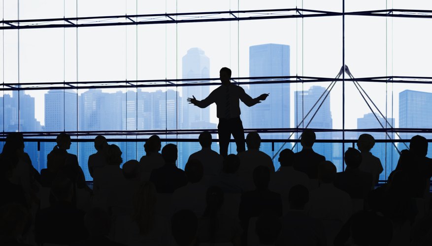 An individual is giving a presentation in front of a crowd.