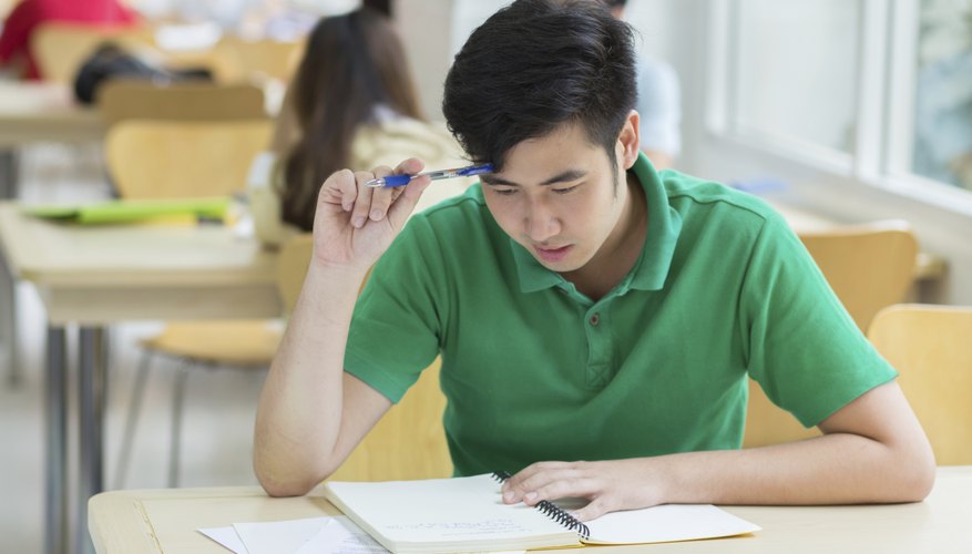 Student reading a notebook.