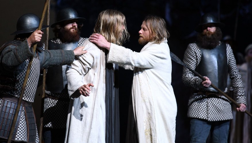 In a recent passion play, Judas leads the Romans to Jesus.