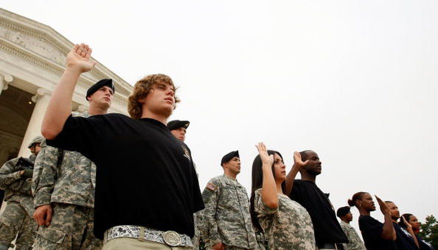 Active Duty Army and National Guard recruits are sworn in before the Jefferson Memorial.