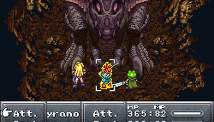 Chrono, Marle y Frog luchando contra Rust Tyrano.