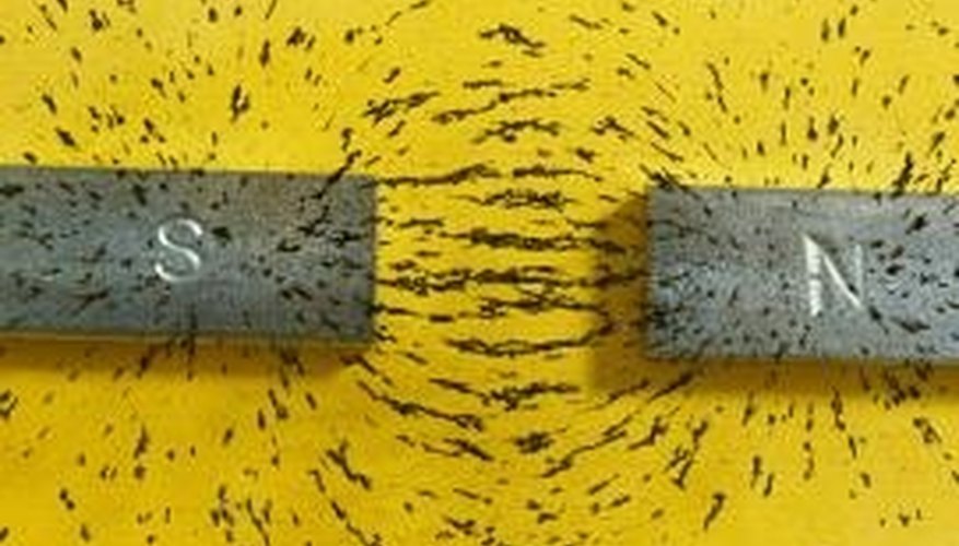 Photo Credit: Jupiterimages/Photos.com/Getty Images Iron filings trapped between two magnets.