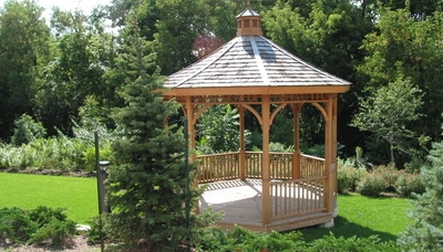 This gazebo's roof is made up of isosceles trapezoids. This gazebo's roof is made up of isosceles trapezoids.