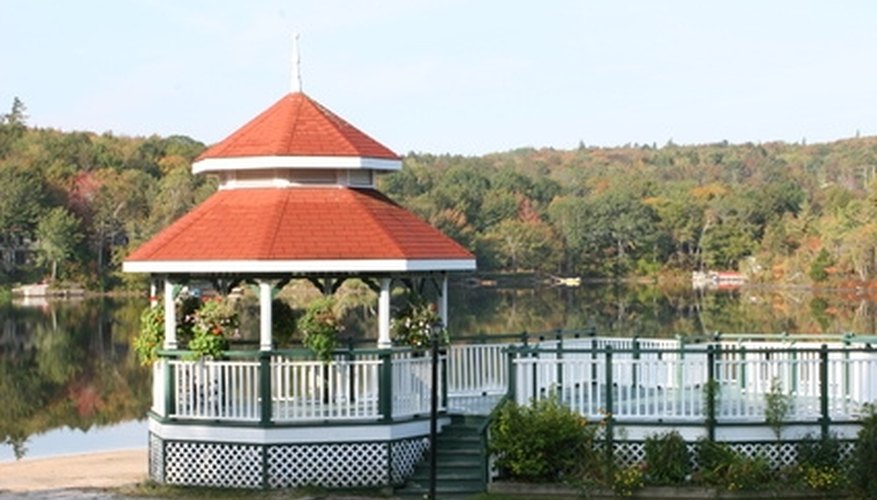 This is a two-tier, six-sided gazebo featuring triangular panels. This is a two-tier, six-sided gazebo featuring triangular panels.