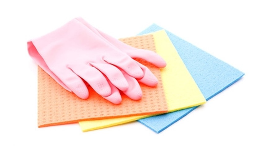 Use gloves when you clean up mold. Use gloves when you clean up mold.