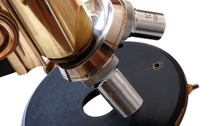 Photo Credit: micro-lens image by Hubert from <a href='http://www.fotolia.com'>Fotolia.com</a> Objective lenses are located above the platform where the microscope slides are placed.