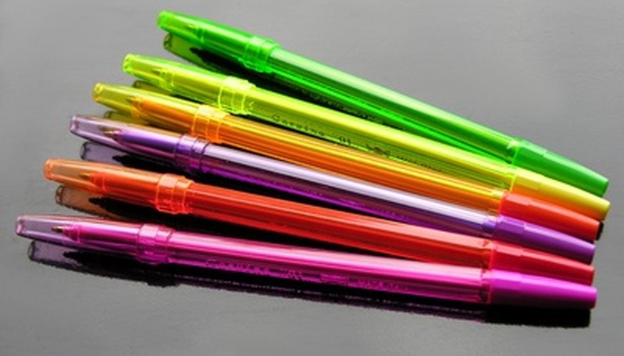 Photo Credit: colorful long-writting pens image by Maria Brzostowska from <a href='http://www.fotolia.com'>Fotolia.com</a> Commonly known as "gel pens," rollerball pens with gel-based inks are popular for craft projects.