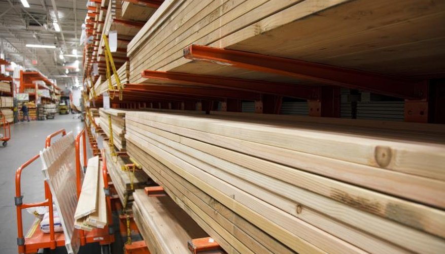 Stack of lumber at Home Depot store.
