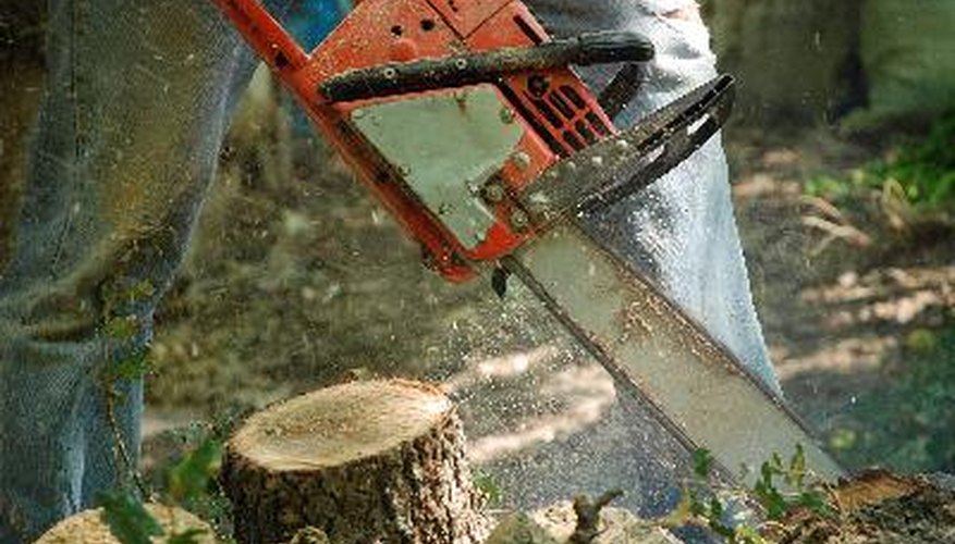 chainsaw in action and saw-dust