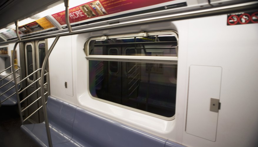 One side of the interior of a subway car