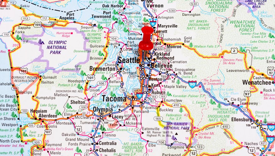 Thumbtack in map of Washington.