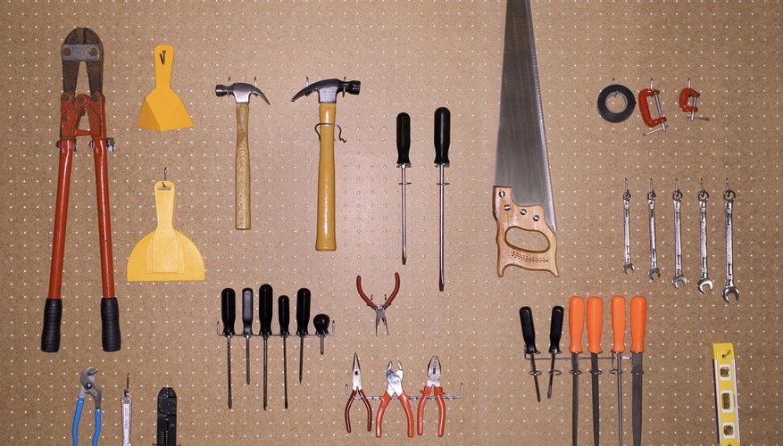 Tools hanging on pegboard
