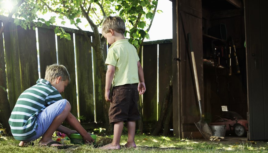Boys playing in yard with wooden fence Boys playing in yard with wooden fence