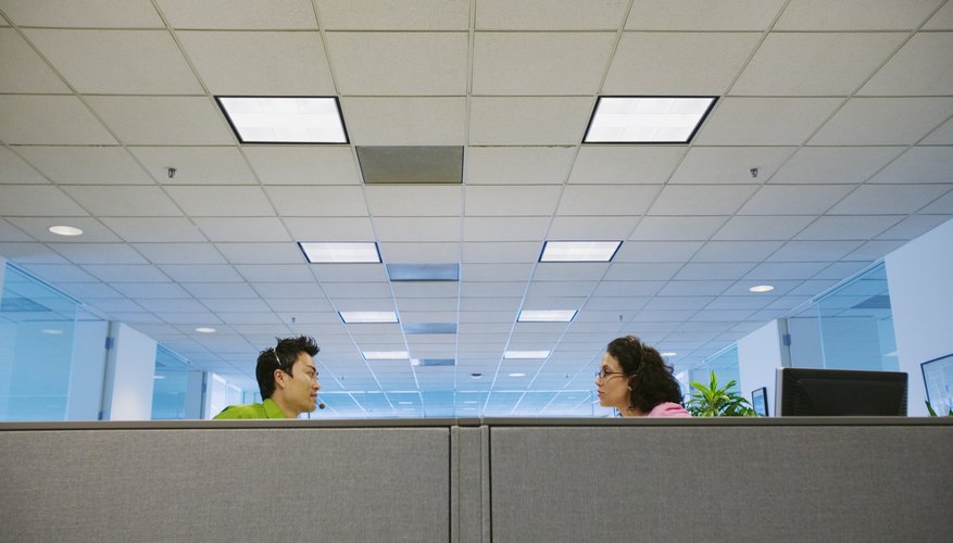 Young businesswoman and businessman talking to each other in an office