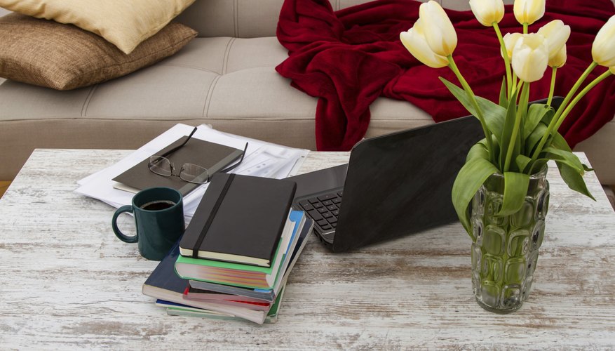 A self-employed person's coffee table while working from home.